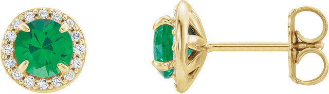 14K Gold Natural Emerald Round 4-Prong Halo-Style Earrings – 3.5-5mm Stones - Yellow Gold