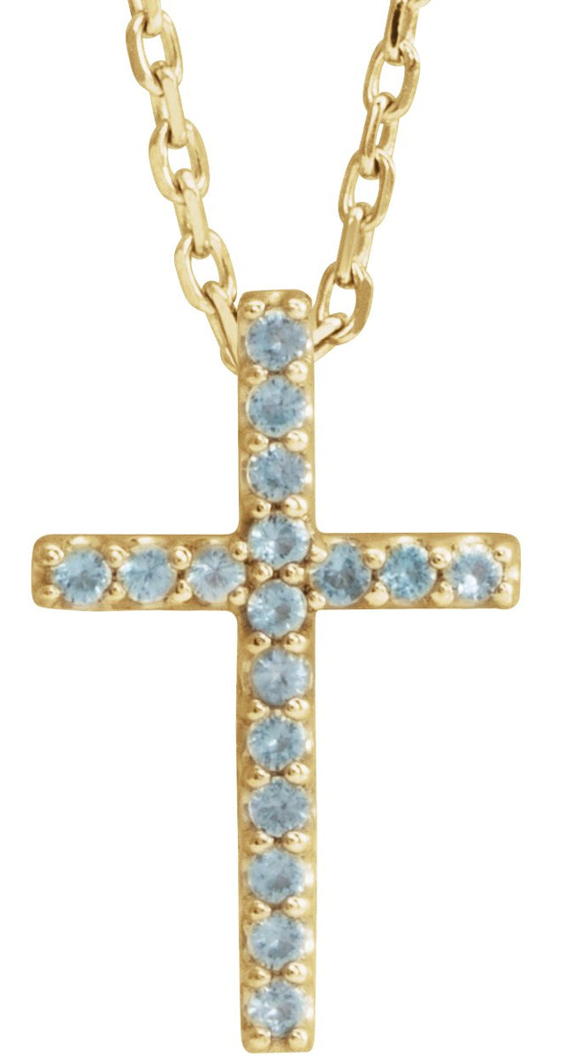 14K Gold Round Natural Swiss Blue Topaz Petite Cross Necklace or Pendant - Yellow Gold