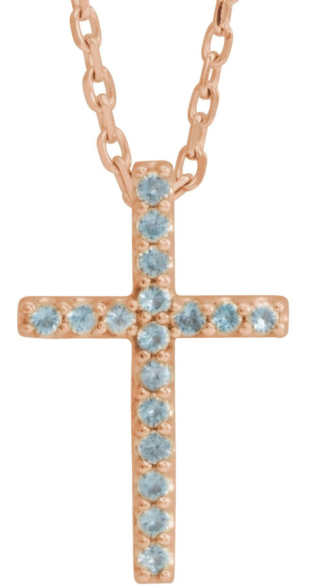 14K Gold Round Natural Swiss Blue Topaz Petite Cross Necklace or Pendant - Rose Gold