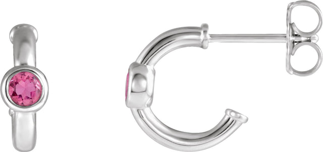 14K Gold Round Natural Pink Tourmaline Bezel-Set Huggie Earrings - White Gold