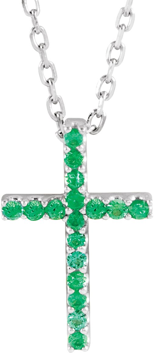 14K Gold Round Natural Emerald Petite Cross Necklace or Pendant - White Gold