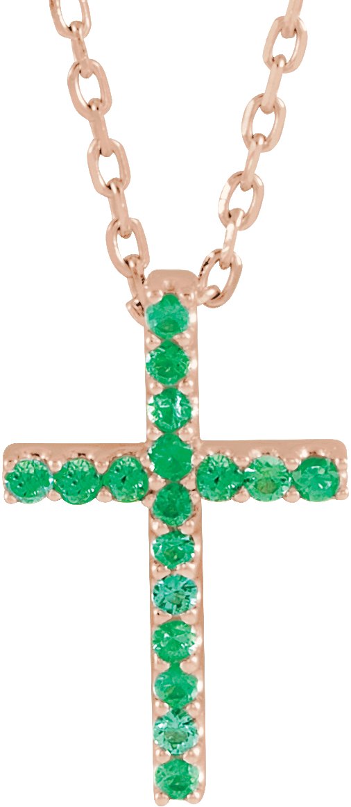 14K Gold Round Natural Emerald Petite Cross Necklace or Pendant - Rose Gold
