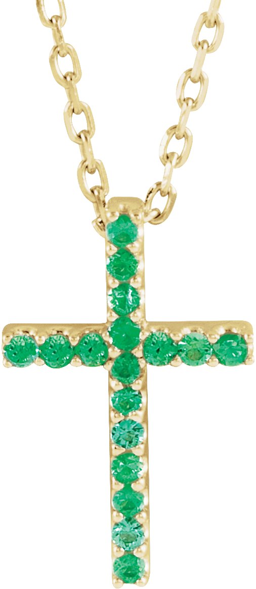 14K Gold Round Natural Emerald Petite Cross Necklace or Pendant - Yellow Gold
