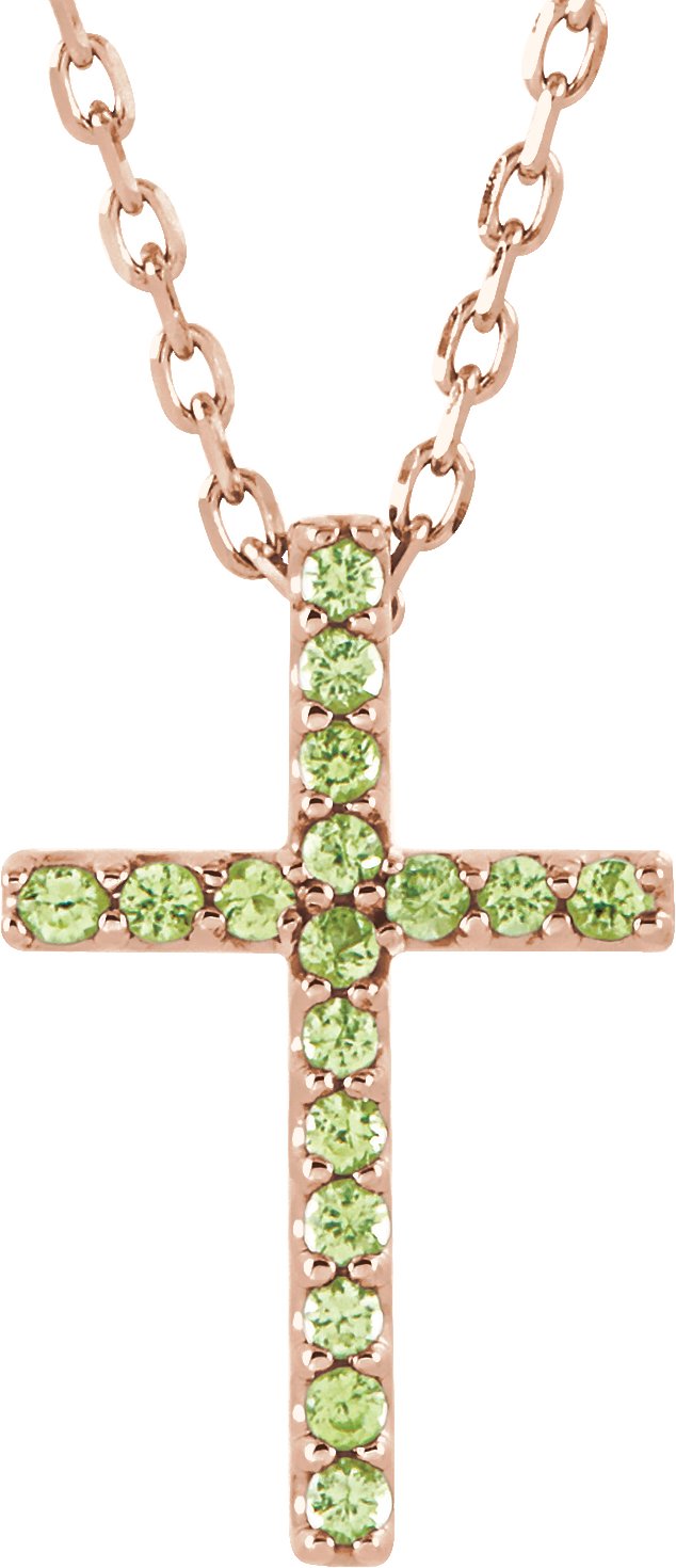 14K Gold Round Natural Peridot Petite Cross Necklace or Pendant II - Rose Gold