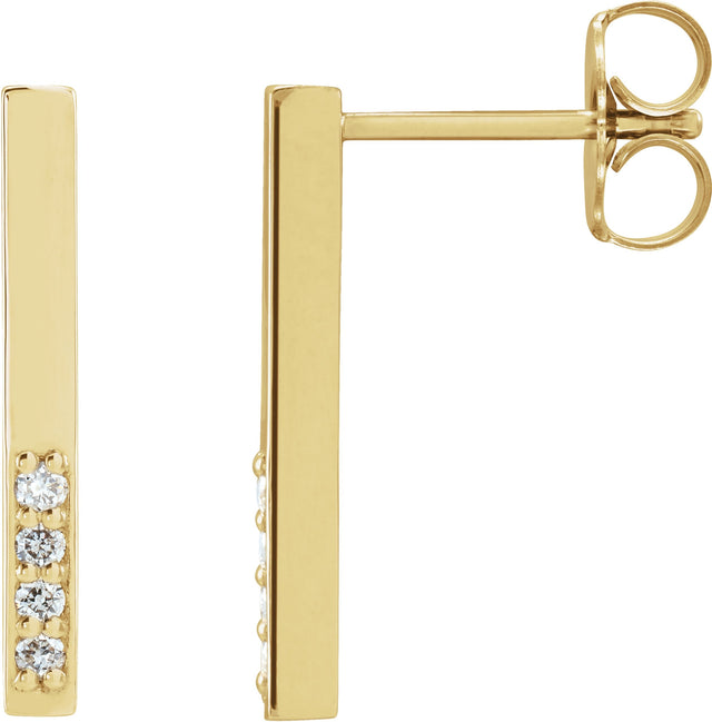 14K Gold Round Natural Diamond Accented Bar Earrings – 1.3mm Stones - Yellow Gold