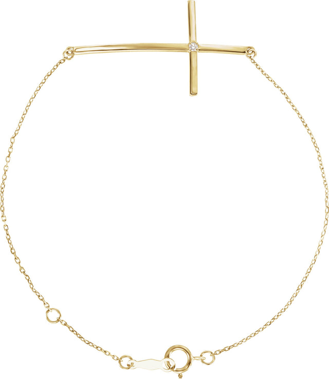 14K Gold Round Natural Diamond Accented Sideways Cross Bracelet - Yellow Gold