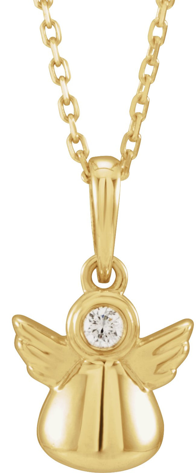 14K Gold Round Natural Diamond Youth Angel Necklace - Yellow Gold