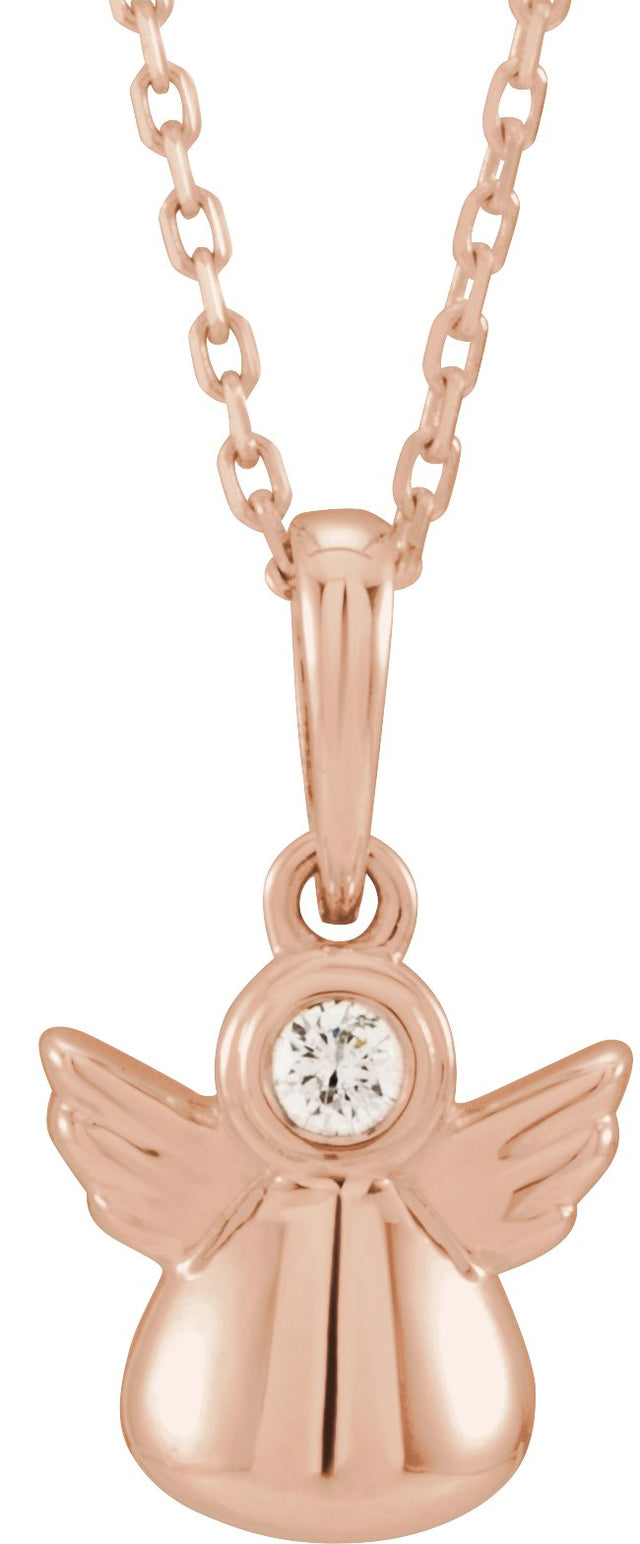 14K Gold Round Natural Diamond Youth Angel Necklace - Rose Gold