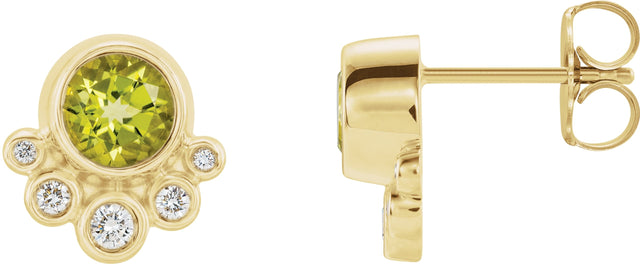 14K Gold Round Natural Peridot Accented Bezel-Set Earrings - Yellow Gold