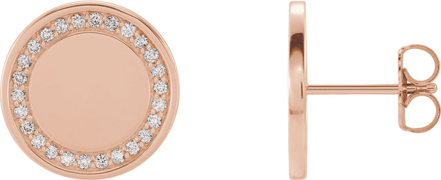 14K Gold Round Natural Diamond Accented Engravable Earrings - Rose Gold