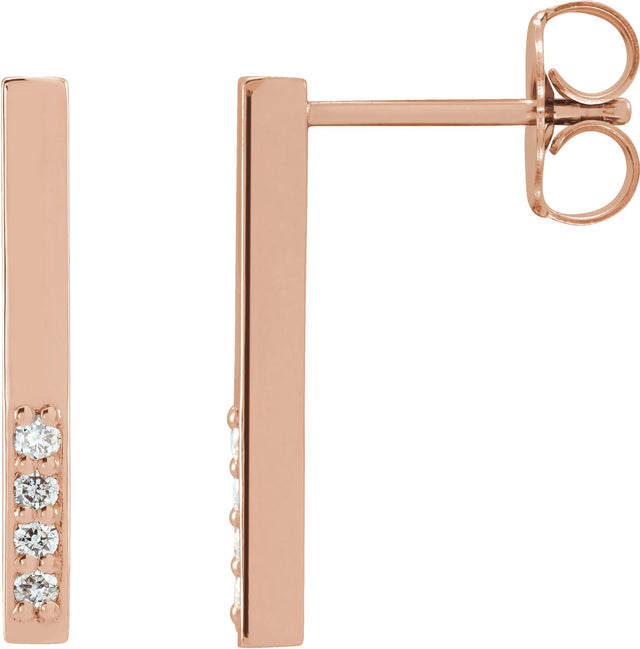 14K Gold Round Natural Diamond Accented Bar Earrings – 1.3mm Stones - Rose Gold