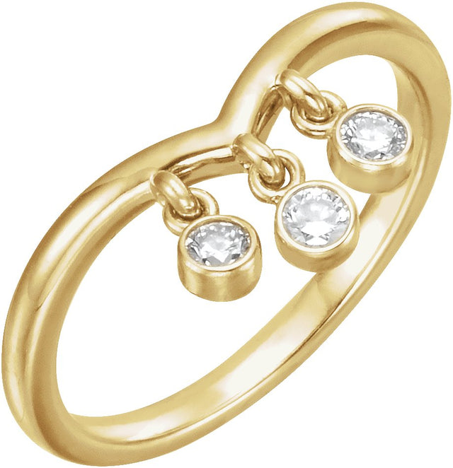 14K Gold Round Natural Diamond Three-Stone Fringe V Ring - Yellow Gold