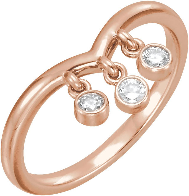 14K Gold Round Natural Diamond Three-Stone Fringe V Ring - Rose Gold