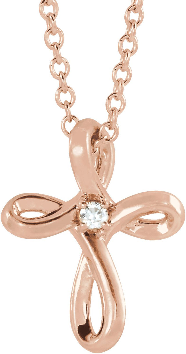 14K Gold Round Natural Diamond Solitaire Cross Necklace or Pendant - Rose Gold