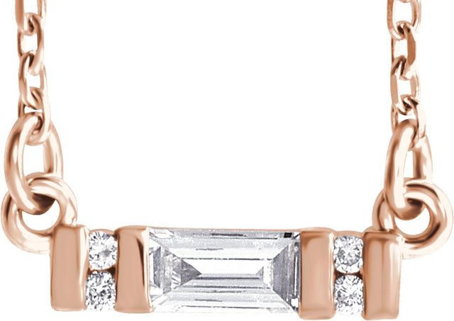 14K Gold Straight Baguette Natural Diamond Accented Bar Necklace - Rose Gold