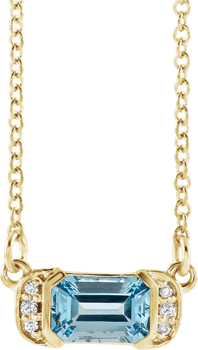 14K Gold Emerald Natural Aquamarine Accented Bar Necklace - Yellow Gold