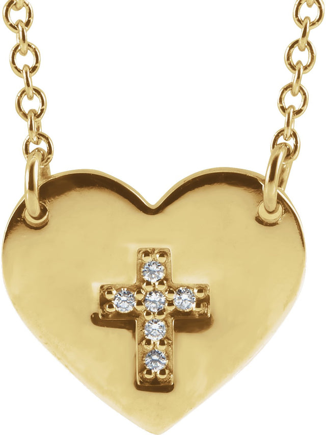 14K Gold Round Natural Diamond Heart & Cross Necklace - Yellow Gold