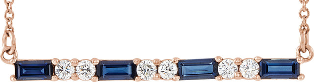 14K Gold Straight Baguette Natural Blue Sapphire Accented Bar Necklace - Rose Gold