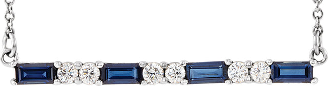 14K Gold Straight Baguette Natural Blue Sapphire Accented Bar Necklace - White Gold