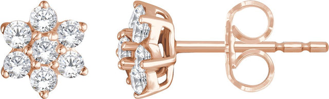 14K Gold Round Natural Diamond Flower Earrings - Rose Gold