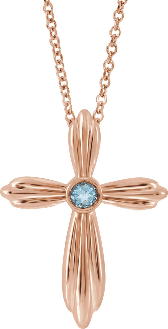 14K Gold Round Natural Aquamarine Bezel-Set Cross Necklace or Pendant - Rose Gold