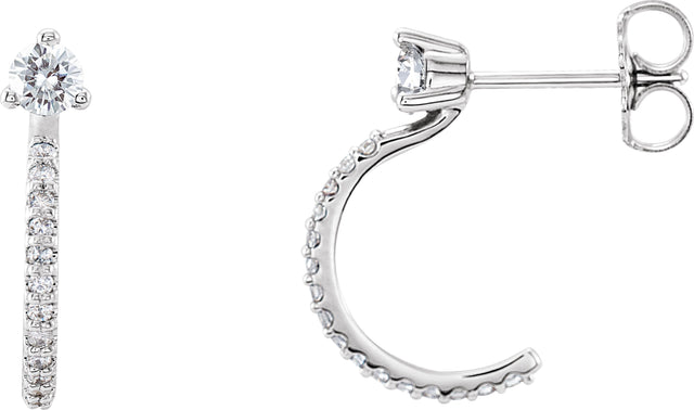 14K Gold Round Natural Diamond Accented J-Hoop Earrings – 3mm Stones - White Gold