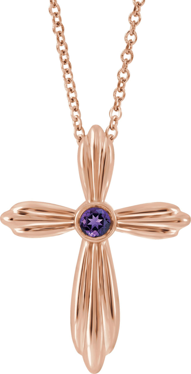 14K Gold Round Natural Amethyst Bezel-Set Cross Necklace or Pendant - Rose Gold