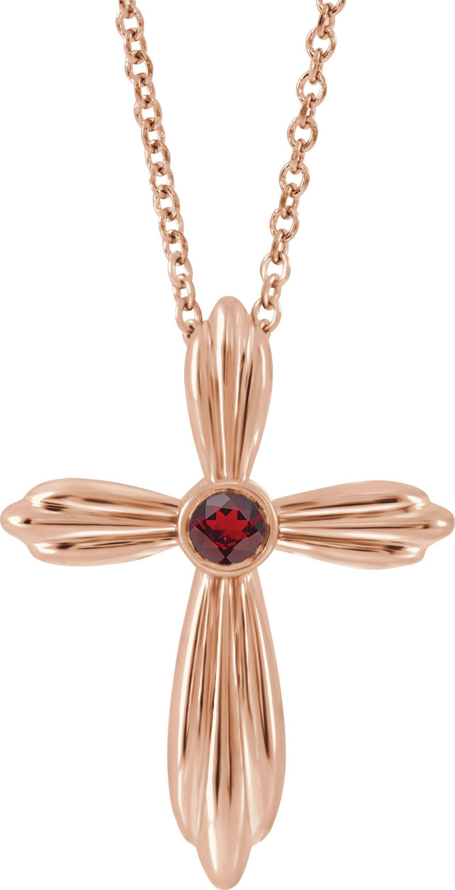 14K Gold Round Natural Mozambique Garnet Bezel-Set Cross Necklace or Pendant - Rose Gold