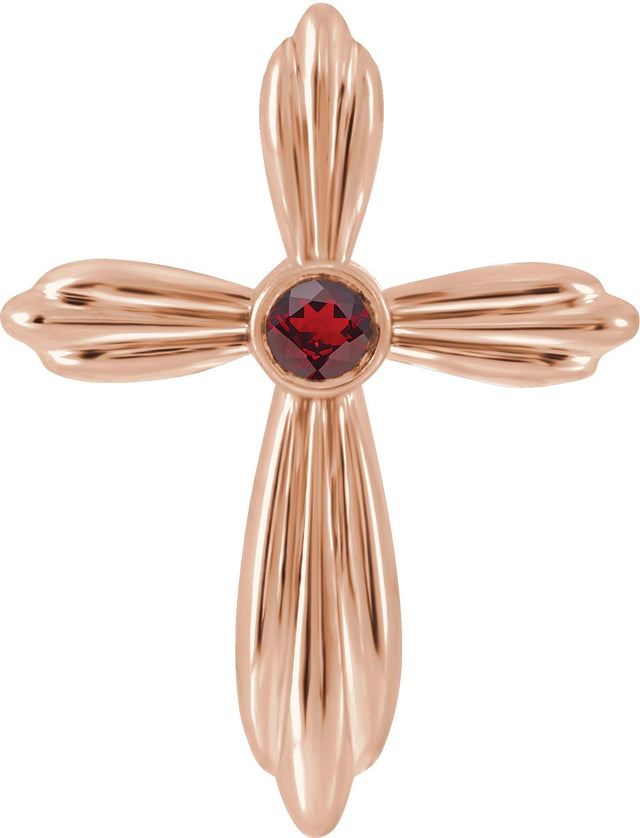 14K Gold Round Natural Mozambique Garnet Bezel-Set Cross Necklace or Pendant - Rose Gold
