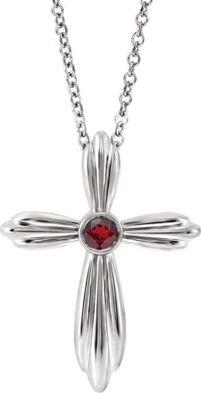 14K Gold Round Natural Mozambique Garnet Bezel-Set Cross Necklace or Pendant - White Gold