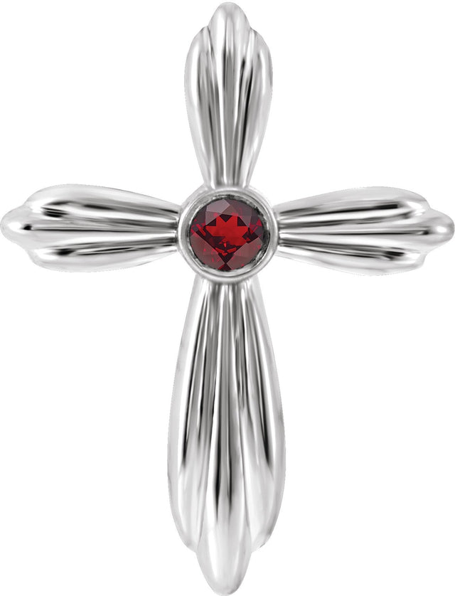 14K Gold Round Natural Mozambique Garnet Bezel-Set Cross Necklace or Pendant - White Gold