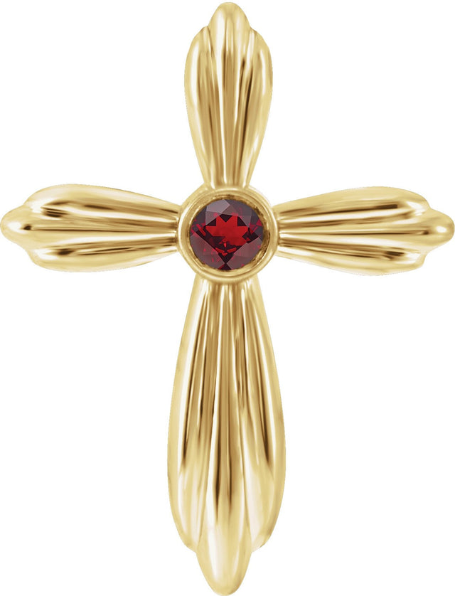 14K Gold Round Natural Mozambique Garnet Bezel-Set Cross Necklace or Pendant - Yellow Gold