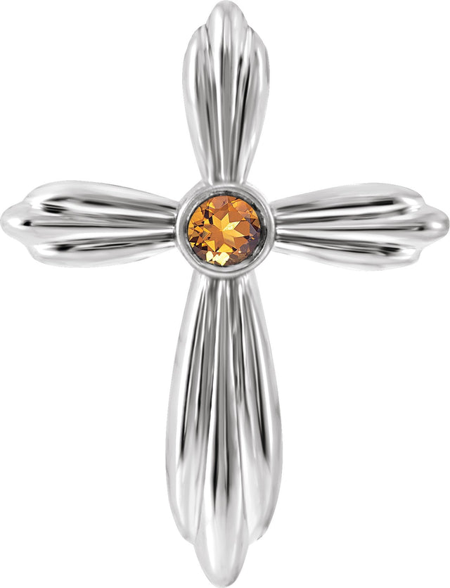 14K Gold Round Natural Citrine Bezel-Set Cross Necklace or Pendant - White Gold