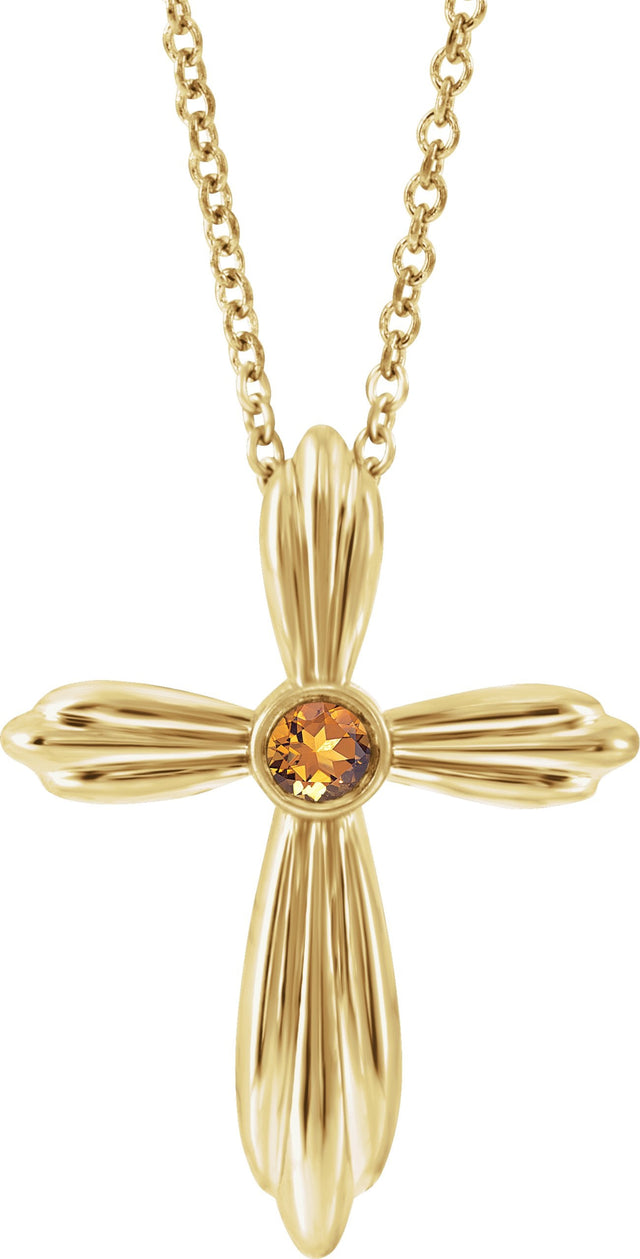 14K Gold Round Natural Citrine Bezel-Set Cross Necklace or Pendant - Yellow Gold