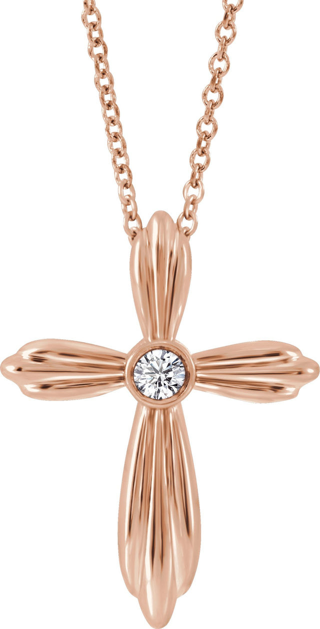 14K Gold Round Natural Diamond Bezel-Set Cross Necklace or Pendant - Rose Gold