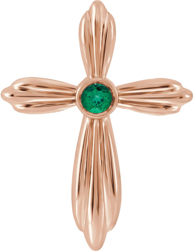 14K Gold Round Lab-Grown Emerald Bezel-Set Cross Necklace or Pendant - Rose Gold