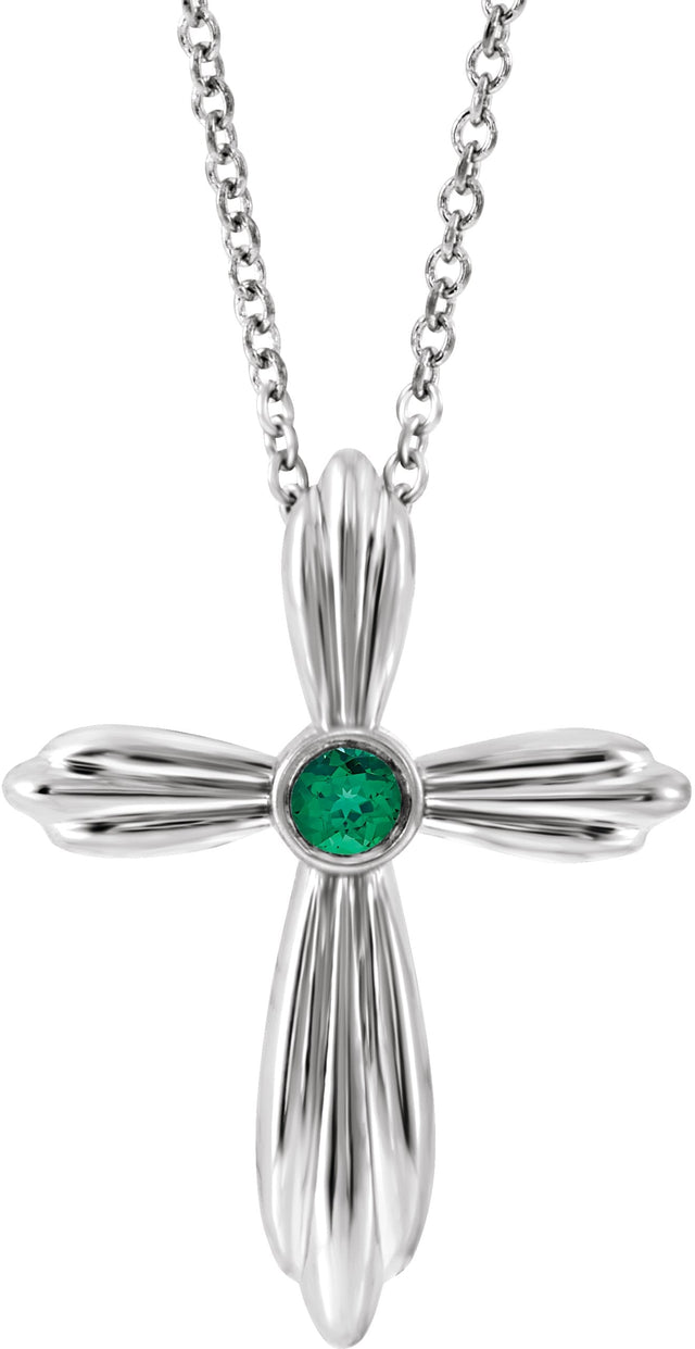 14K Gold Round Natural Emerald Bezel-Set Cross Necklace or Pendant - White Gold