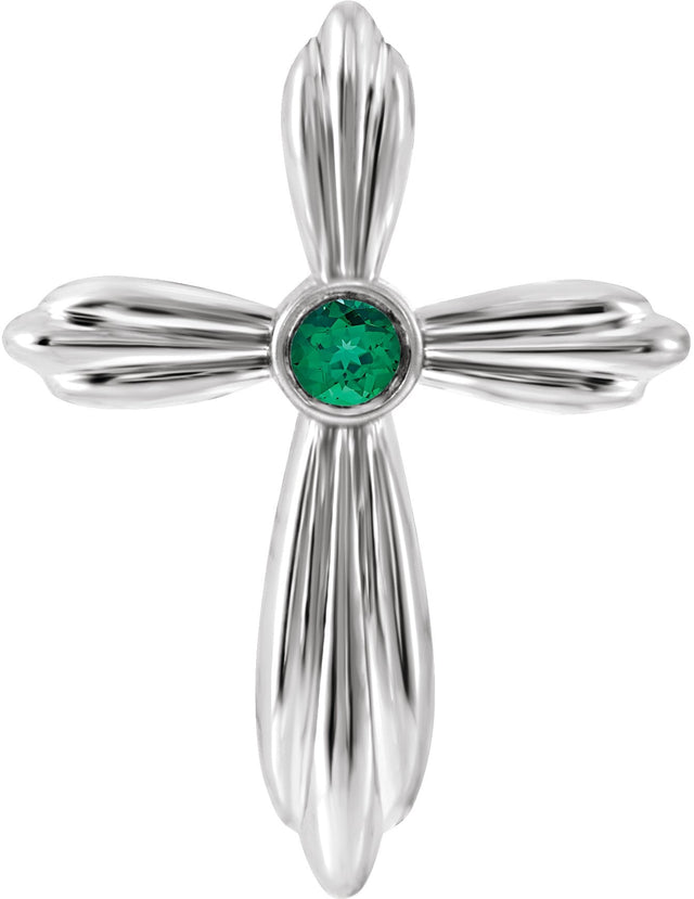 Platinum Round Lab-Grown Emerald Bezel-Set Cross Necklace or Pendant