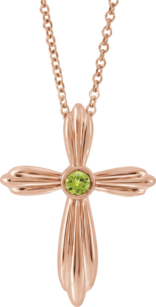 14K Gold Round Natural Peridot Bezel-Set Cross Necklace or Pendant - Rose Gold