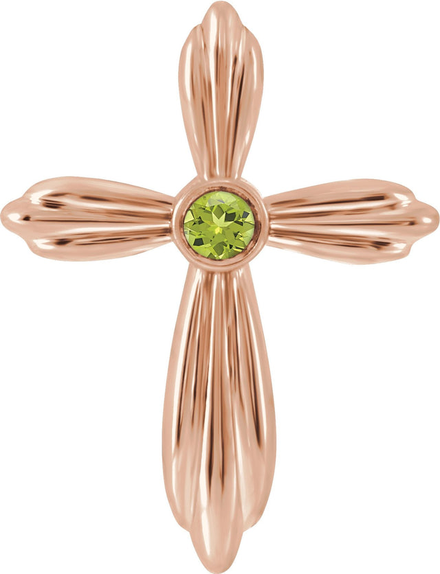 14K Gold Round Natural Peridot Bezel-Set Cross Necklace or Pendant - Rose Gold