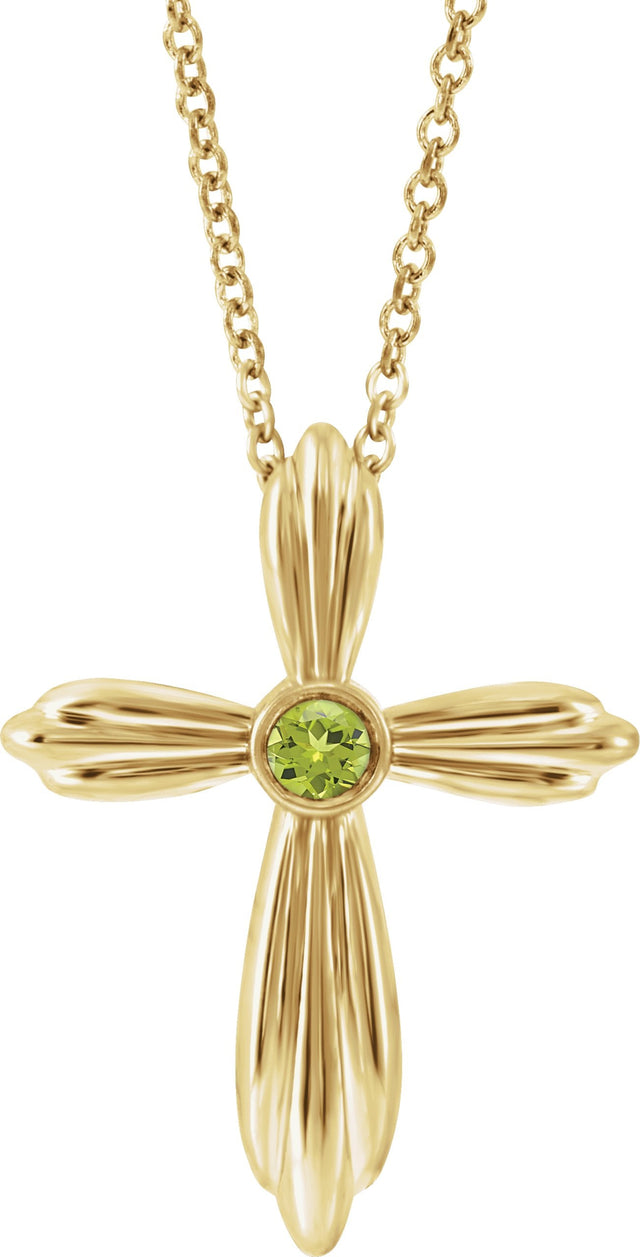14K Gold Round Natural Peridot Bezel-Set Cross Necklace or Pendant - Yellow Gold