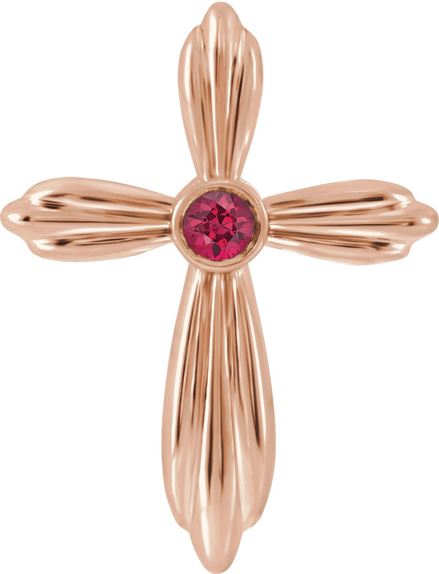 14K Gold Round Lab-Grown Ruby Bezel-Set Cross Necklace or Pendant - Rose Gold