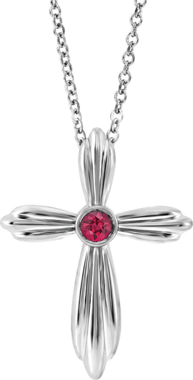 Platinum Round Natural Ruby Bezel-Set Cross Necklace or Pendant