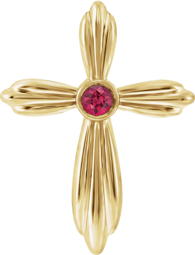 14K Gold Round Lab-Grown Ruby Bezel-Set Cross Necklace or Pendant - Yellow Gold