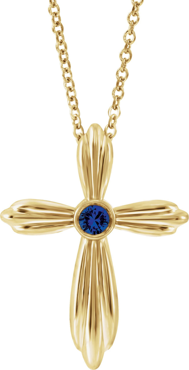14K Gold Round Natural Blue Sapphire Bezel-Set Cross Necklace or Pendant - Yellow Gold