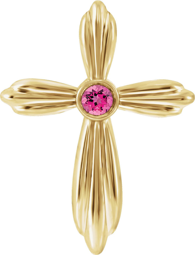 14K Gold Round Natural Pink Tourmaline Bezel-Set Cross Necklace or Pendant - Yellow Gold