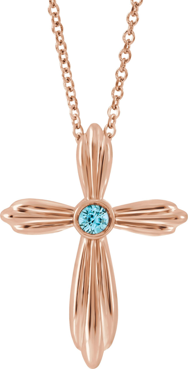14K Gold Round Natural Blue Zircon Bezel-Set Cross Necklace or Pendant - Rose Gold