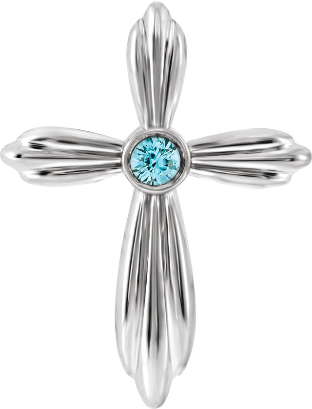 14K Gold Round Natural Blue Zircon Bezel-Set Cross Necklace or Pendant - White Gold