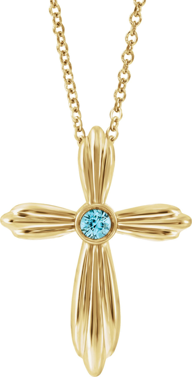 14K Gold Round Natural Blue Zircon Bezel-Set Cross Necklace or Pendant - Yellow Gold