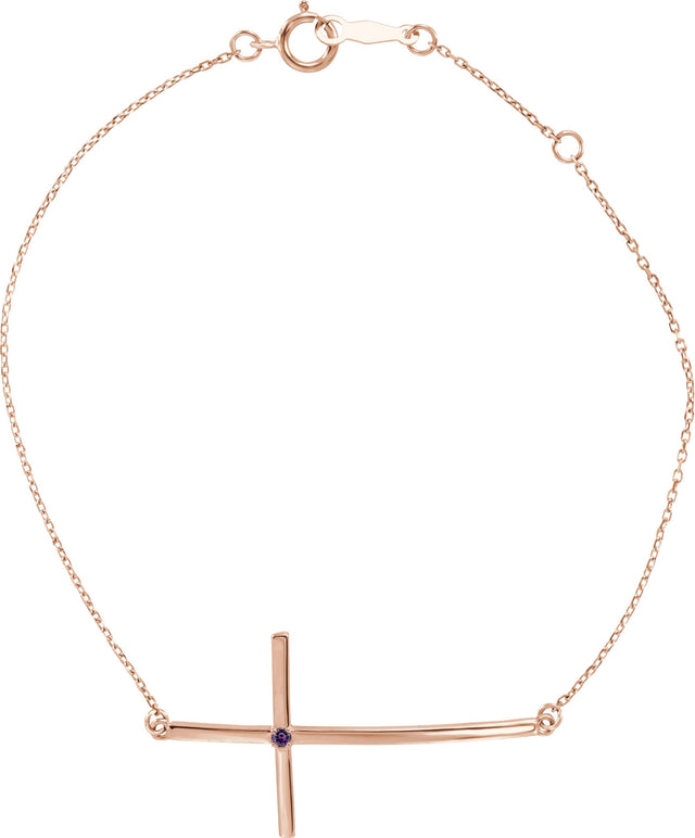 14K Gold Round Natural Alexandrite Accented Sideways Cross Bracelet - Rose Gold